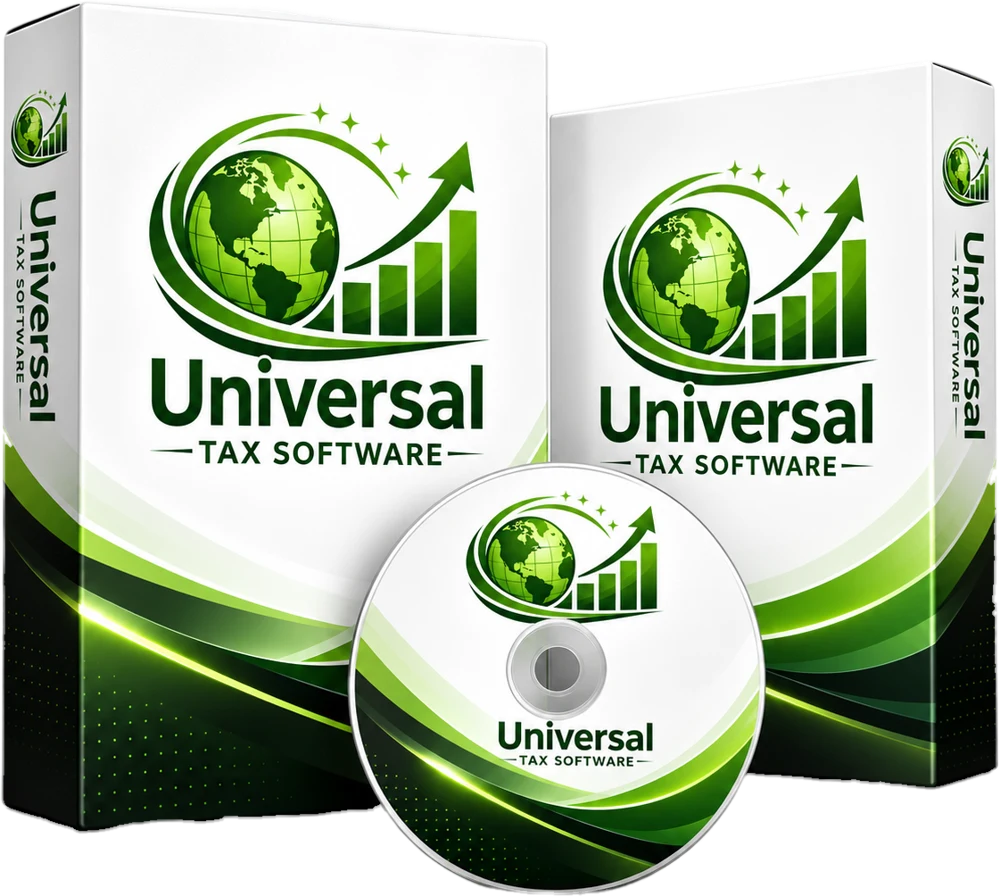 Universal Tax Software product boxes and disc